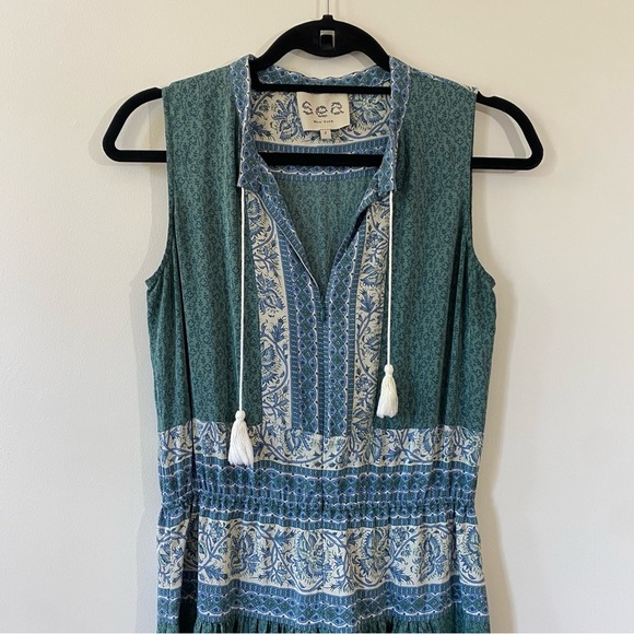 Sea NY Sabine Silk Crepe Printed Midi Dress Block Print Tassel Size 2 - Picture 2 of 6